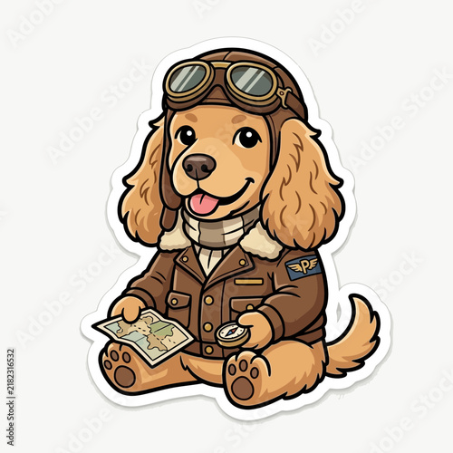 Cute cartoon dog dressed as an aviator holding a map and compass.