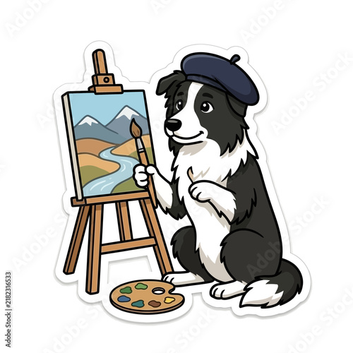 Cute Black and White Dog Artist Painting Landscape Canvas.