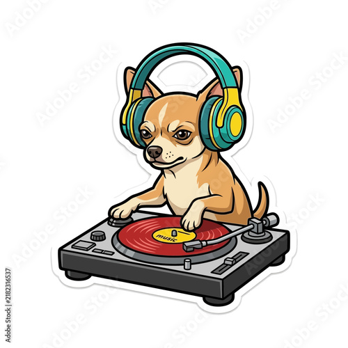 Cute Dog DJ Wearing Headphones Playing Turntables.