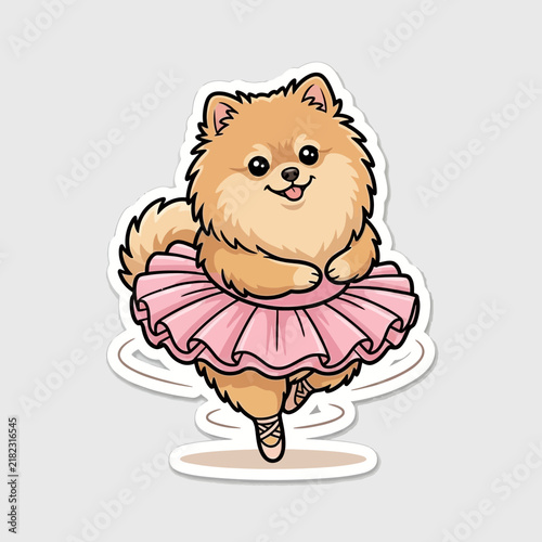 Cute Pomeranian dog wearing a pink tutu dancing ballet.