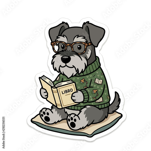 Cute Schnauzer dog wearing glasses and sweater reading a book.