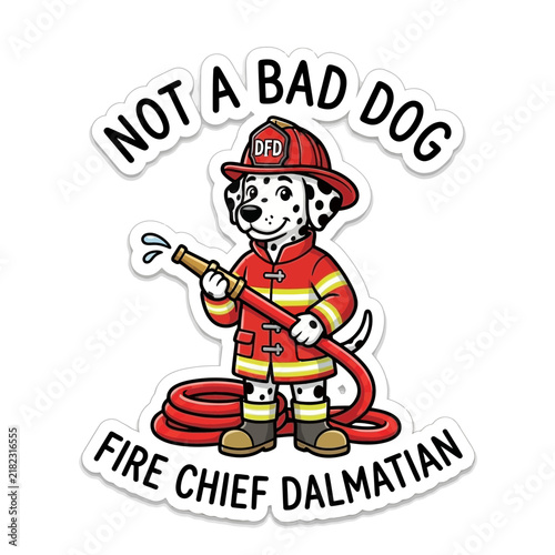 Dalmatian dog dressed as a firefighter holding a hose.