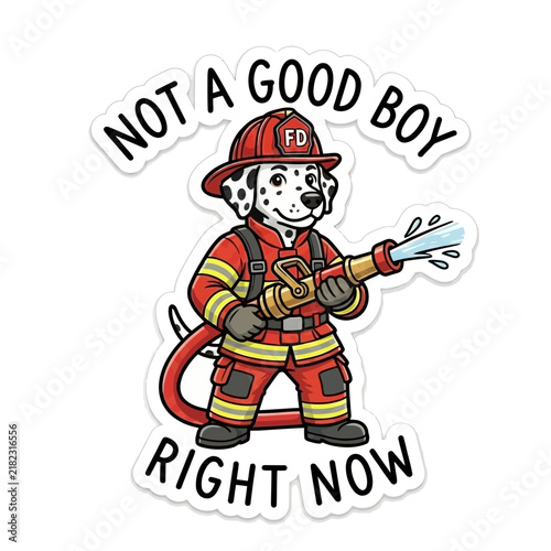 Dalmatian firefighter dog cartoon character with humorous text design.