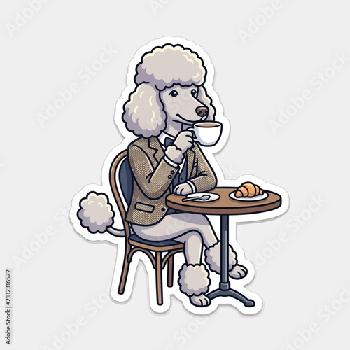 Elegant poodle dog sitting at cafe table drinking coffee.