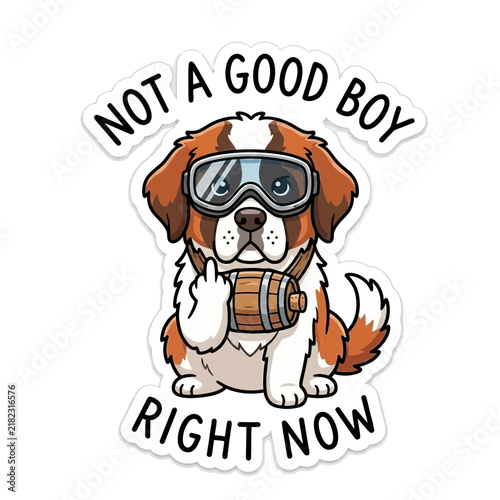 Funny Saint Bernard dog wearing goggles and holding a barrel flipping the bird.