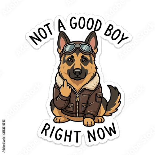 German Shepherd Dog Wearing Aviator Jacket and Goggles Showing Middle Finger.