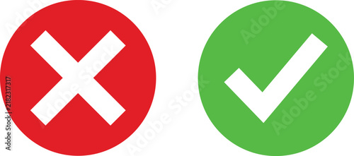 Red cross and green check mark circle icons isolated on a clean white background design