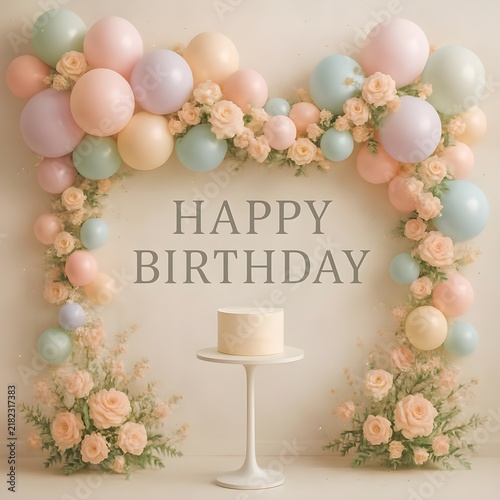 Happy Birthday Pastel Balloon And Floral Cake Backdrop With Elegant Single-Tier Cake

