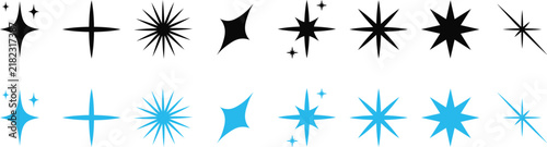 Set of black and blue star sparkle icons and glitter shapes isolated on a white background