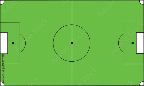 Top view of a green soccer field diagram with lines and goal posts for a sports match game