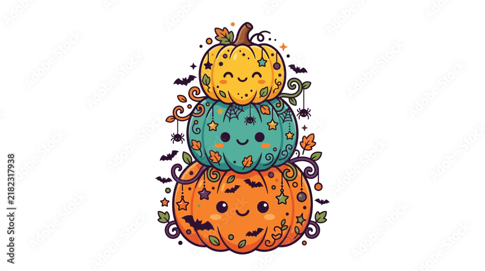 Fototapeta premium Stack of three cute colorful Halloween pumpkins with bats