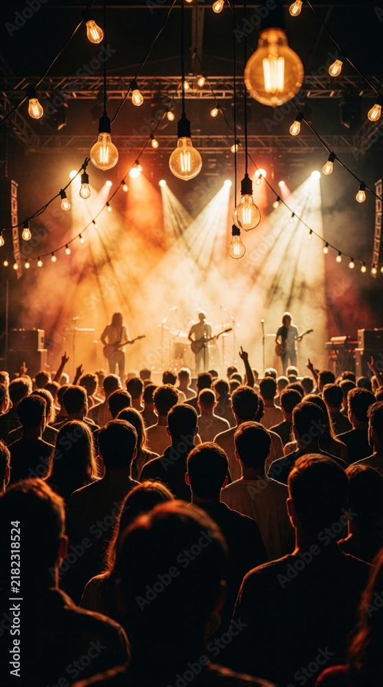 Obraz premium Silhouettes of people watch band play on stage illuminated by warm Edison bulbs hanging above. Concert crowd enjoys live music performance in dimly lit venue with smoky atmosphere.