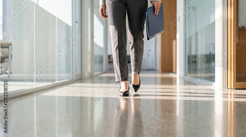 Low angle shot of businesswoman walking confidently down modern office corridor holding folder, corporate career success, professional female executive in grey suit and heels