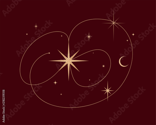 Star surrounded by chaotic orbital lines. Abstract dynamic science and astronomy concept isolated drawing on red background.
