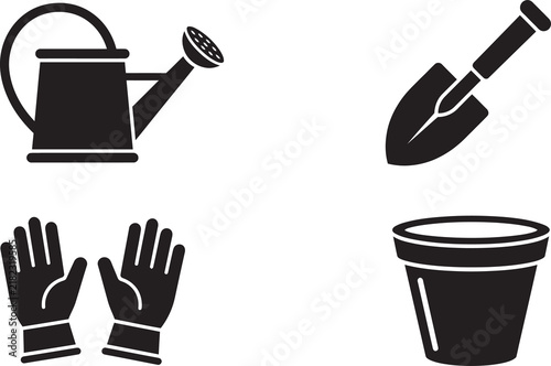 Konstfotografi Gardening equipment set featuring black silhouettes of watering can hand trowel protective gloves and flower pot for horticultural tasks and backyard planting