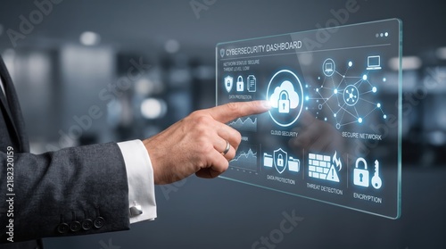 Futuristic cybersecurity dashboard interface, businessman touching hologram screen, cloud security, data protection, encryption, threat detection, secure network technology
