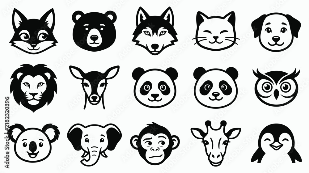 Obraz premium A creative vector illustration set featuring various cute animal faces for kids design and educational projects