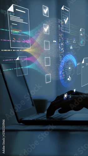 futuristic ai document management system, digital file check on virtual screen, paperless automation workflow