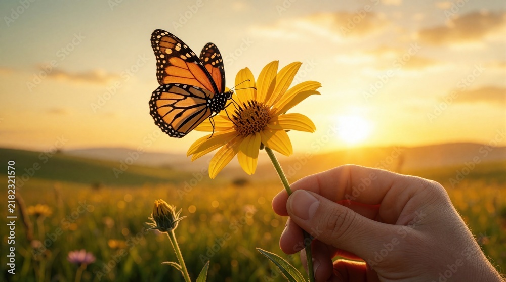 Obraz premium Close up of hand holding yellow flower with monarch butterfly on petals. Beautiful insect sits on blossom in summer meadow during sunset. Golden sunlight illuminates nature scene in wildflower field