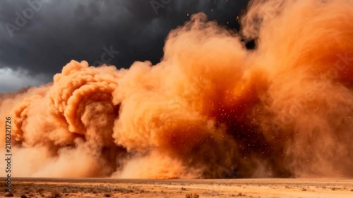 orange dust storm engulfing empty desert landscape at high speed