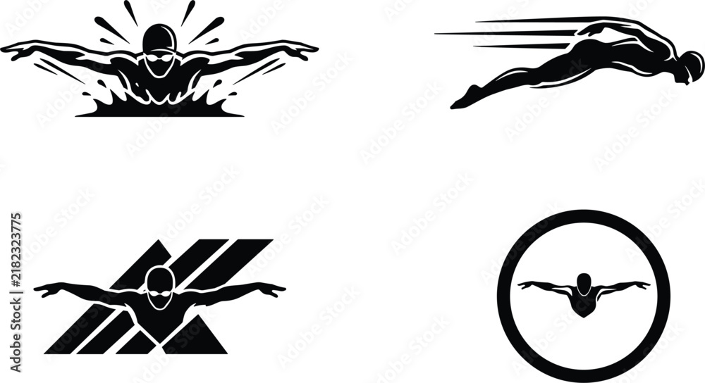 Fototapeta premium Swimmer Athlete and Water Sports Silhouette Emblem Collection for Swimming Pools, Championship Logos, Athletic Branding, Fitness Centers, and Aquatic Training Graphics