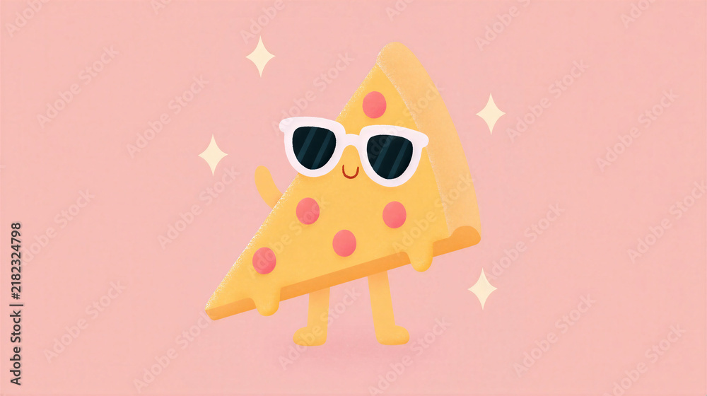 Fototapeta premium Cute pizza slice character wearing sunglasses with happy expression on pink background
