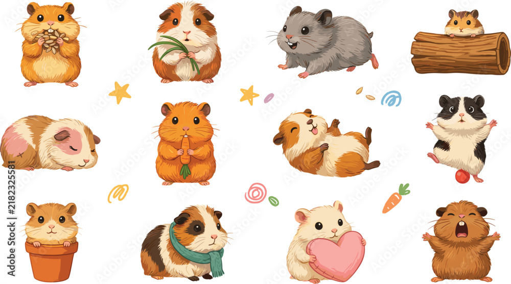Fototapeta premium Cute Small Pet Animal Vector Collection Featuring Hamster and Guinea Pig Characters in Various Funny Poses for Sticker Labels Kids Book Illustration and Pattern Graphic Designs