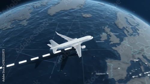 Commercial airplane flying over stylized globe with digital navigation route