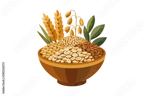 A detailed flat vector illustration showcases a wooden bowl filled with an assortment of whole grains, seeds, and rolled oats