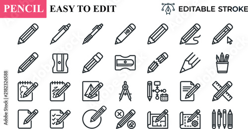 Editable Pencil Icons Set for Writing Drawing and Document Editing