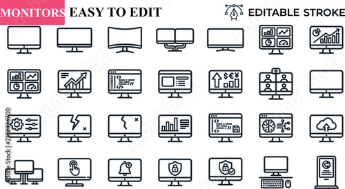 Computer Monitor Icons Set for Desktop Display Technology and Digital Devices