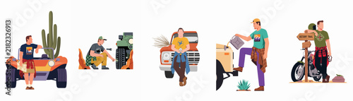 Collection of flat vector illustrations showcasing men on outdoor adventures with various off-road vehicles, a vintage truck, and a classic motorcycle.