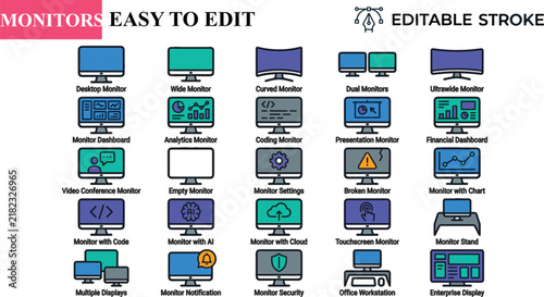 Colorful Computer Monitor Icons Set for Dashboard Analytics AI Coding and Digital Technology