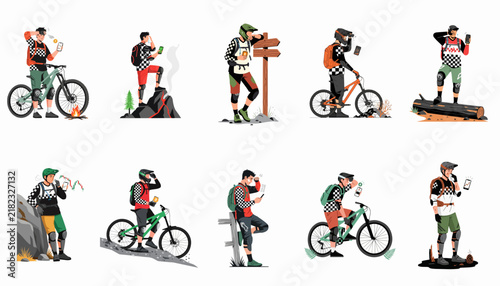 Set of flat vector illustrations featuring mountain bikers in various active poses like riding, navigating, and resting, isolated on white background.