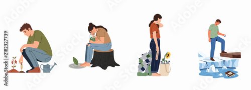 Illustration of people facing environmental issues like climate change, global warming, deforestation, and pollution in a minimalist flat style.