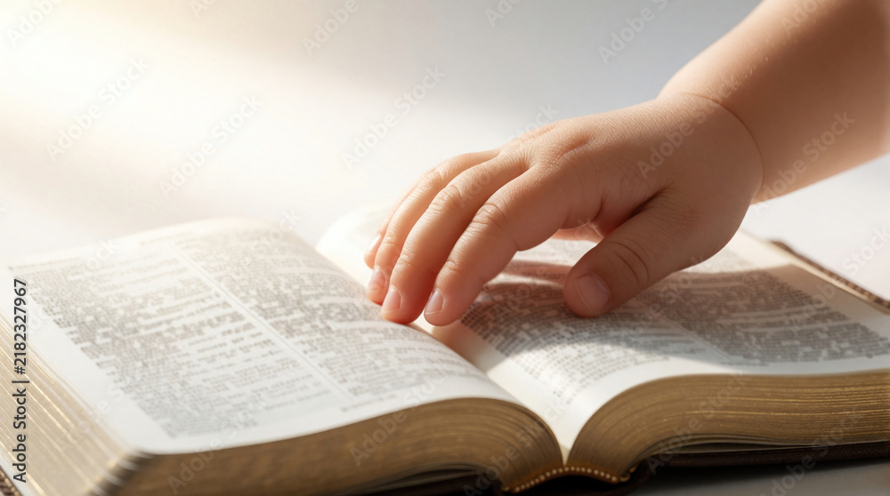 Fototapeta premium Baby hand touches open Bible. Child learns scripture, exploring faith, spirituality. Gentle light illuminates holy book, symbolizing innocence, divine connection. Moment of early spiritual discovery.