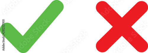 Green check mark and red cross mark symbols isolated on a simple white background