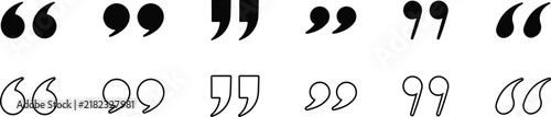 Set of black quote marks and quotation marks icons in solid and outline styles for design
