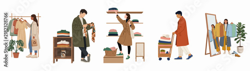 Flat illustration collection of diverse people shopping for clothes, organizing their wardrobes, and trying on outfits in a stylish boutique setting.