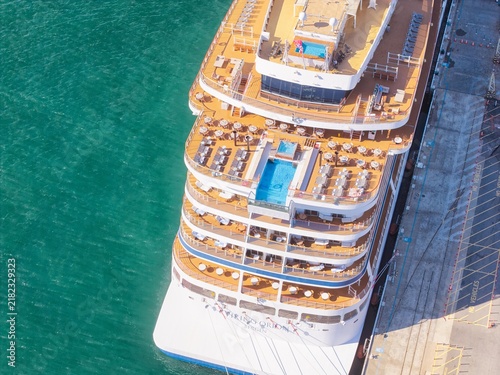 Fremantle, Australia - 18 March 2026: Aerial view of the Viking Orion cruise ship docked at the port with multiple decks, swimming pools, and lounge areas visible from above.