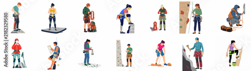Flat vector illustrations of diverse climbers and mountaineers in various poses and situations, wearing professional climbing gear on a white background.