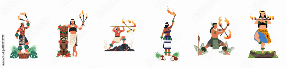 Fototapeta premium Collection of Polynesian and Hawaiian Dancers Performing Traditional Fire Dances with Torches in Flat Vector Illustration Style