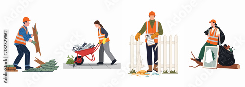 Illustration set of professional construction workers and cleaners performing waste disposal, debris removal, and site maintenance tasks in safety gear.