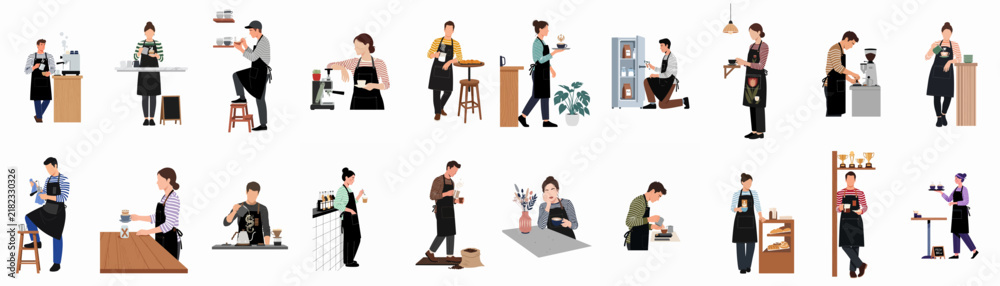 Obraz premium Set of minimalist flat vector illustrations featuring diverse baristas working in a cafe, brewing coffee, and performing various shop tasks.