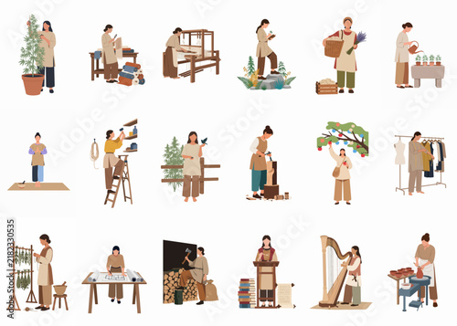 Vector illustration set of people engaged in traditional crafts, hobbies, and artisanal activities including pottery, weaving, gardening, and music.
