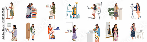 Set of illustrations depicting young women engaged in various work, study, and creative activities in modern lifestyle settings.