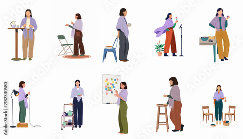 Set of minimalist flat vector illustrations featuring women in various daily life activities and poses, isolated on a white background.