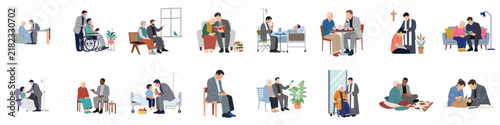 Set of flat illustrations showing a priest providing spiritual care and comfort to elderly and sick people in various settings.
