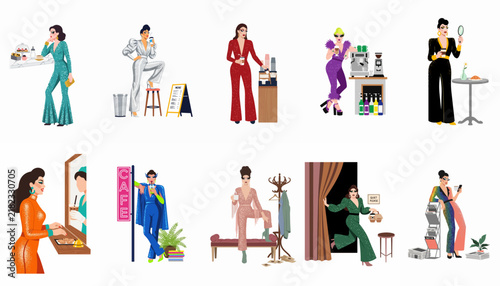 Collection of Stylish Women Illustrations Featuring Various Outfits and Modern Lifestyle Scenes