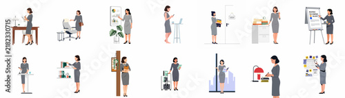 Collection of Professional Business Woman Character Illustrations Showing Various Office Activities and Work Scenarios Isolated on White Background
